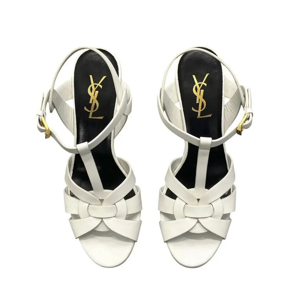 SAINT LAURENT Tribute 75 White Calfskin Platform Heels Sandals Size 37.5 NEW